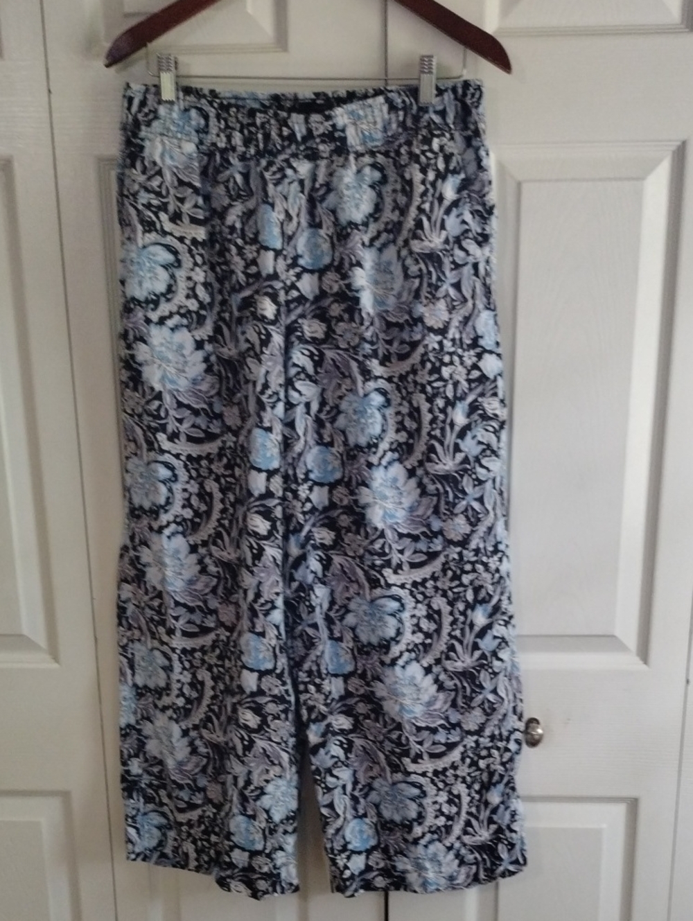 Floral Elastic-Waist Wide Leg Pants Linen Pull On Pants Size Large Cropped